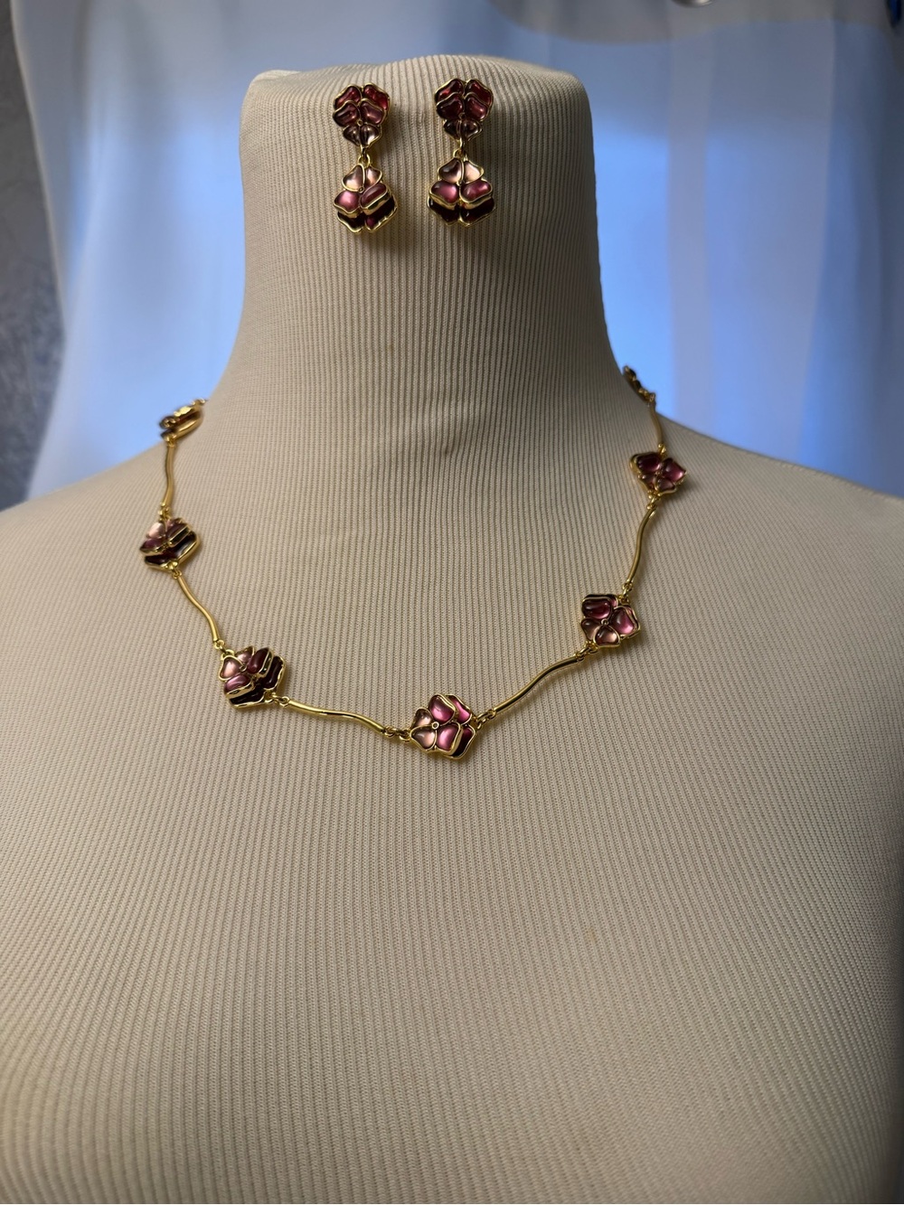 Talbots Gold-Tone Necklace and Earring Set with Pink Enamel Flowers